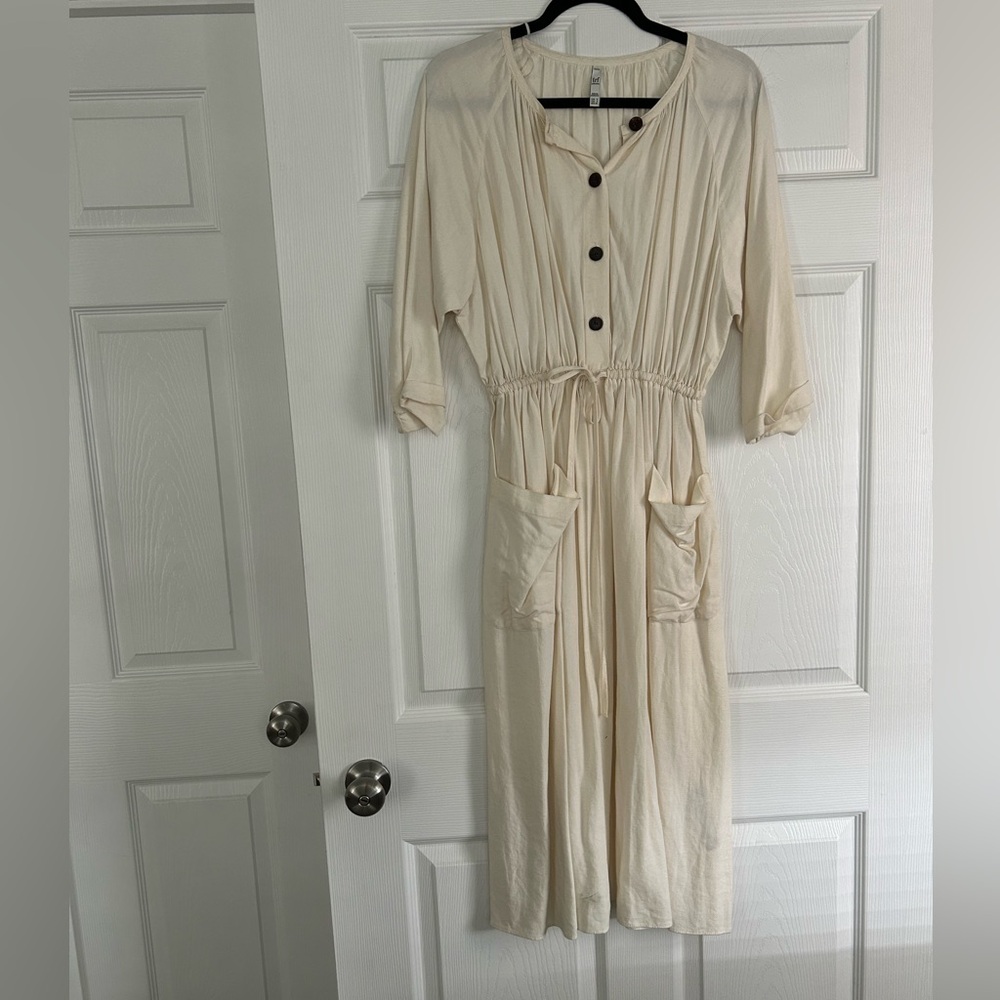 Zara TRF Cream Button-Front Women's Midi Dress with Pockets